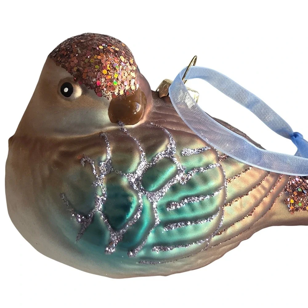 Hanging Blown Glass Bird Ornament Glitter Accents Copper Teal Blue 4.5 Inch